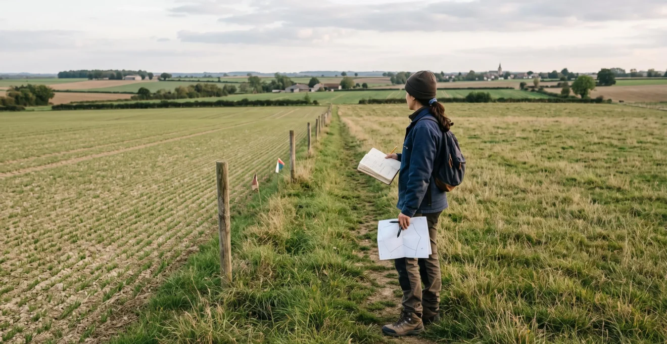 Technicien agricole comparant plan parcellaire et cultures dans un champ